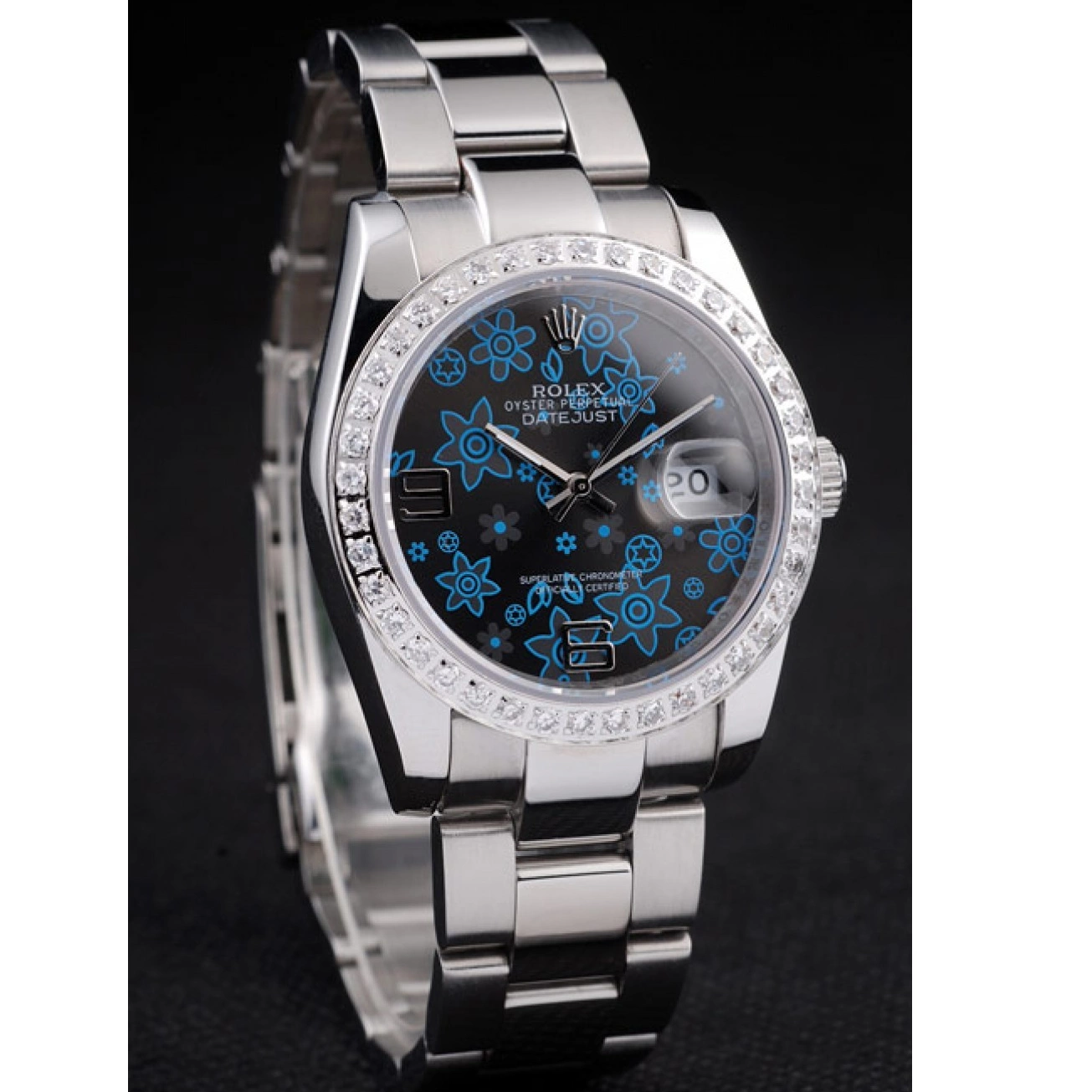 Good Copy Rolex Watches Diamond Blue Dial Steel Datejust Polished Plated Rolex Dark Flowers Stainless 0705